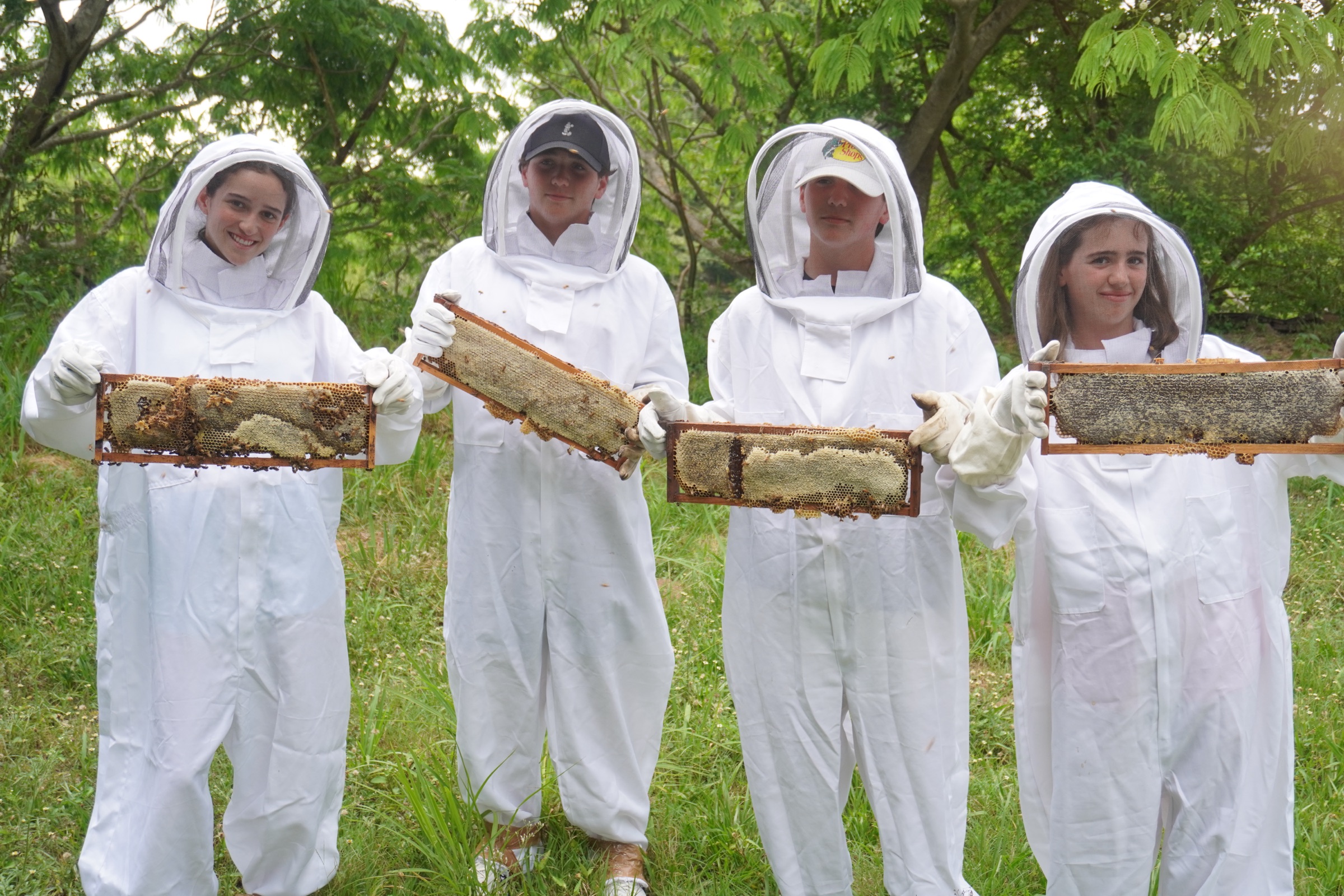 Aitana, Alejandro, Álvaro y Alexa trabajando con panales en el apiario Beelieve en Veracruz